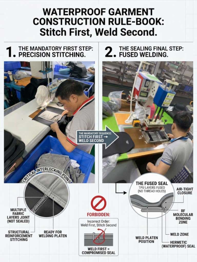 Flat panel with harness webbing stitched at high tension before high-frequency welding